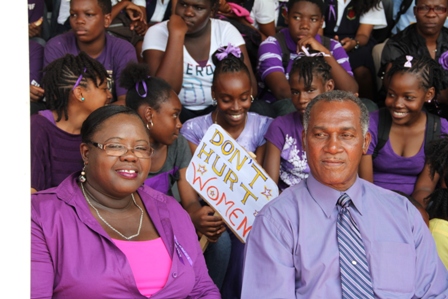 Junior Minister in the Ministry of Social Development on Nevis Hon. Hazel Brandy-Williams at the International Women’s Day March and Rally at the Elquemedo Willett Park organised by the Department of Social Services on March 08, 2013. Sitting next to her is Premier of Nevis Hon. Vance Amory